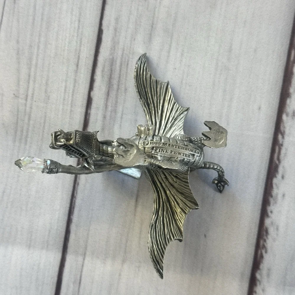 1989 Masterworks Fine Pewter Wizard Riding Dragon Crystal Staff‎ Fantasy Figure